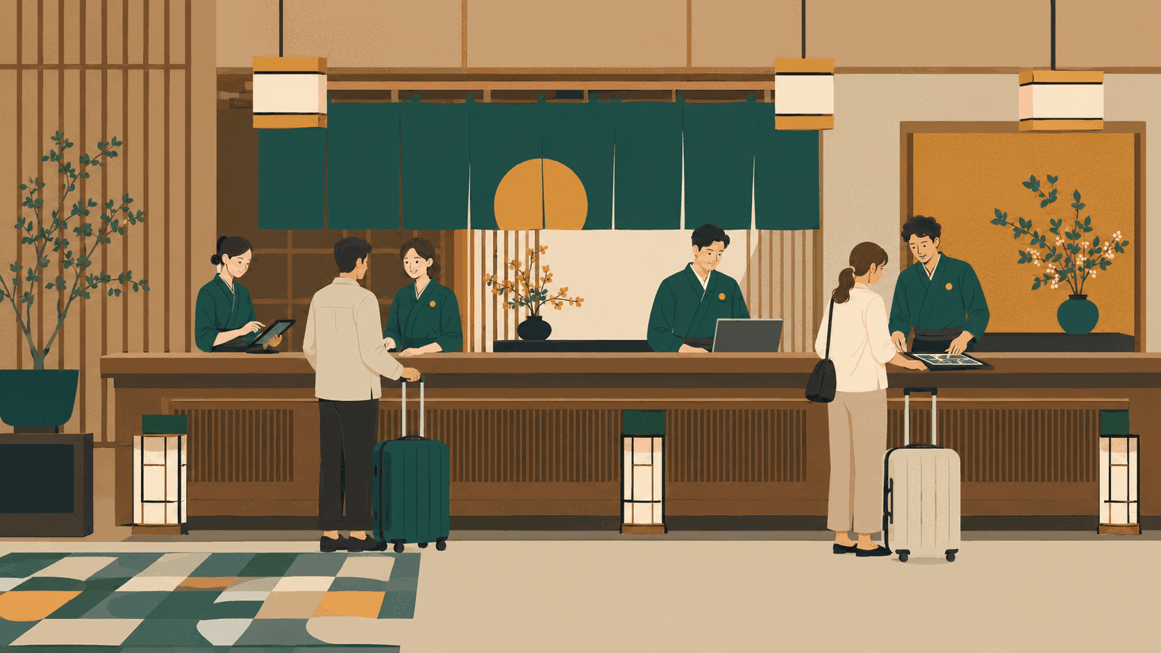 宿のフロントで多国籍のスタッフが働く様子を描いたフラットイラスト
