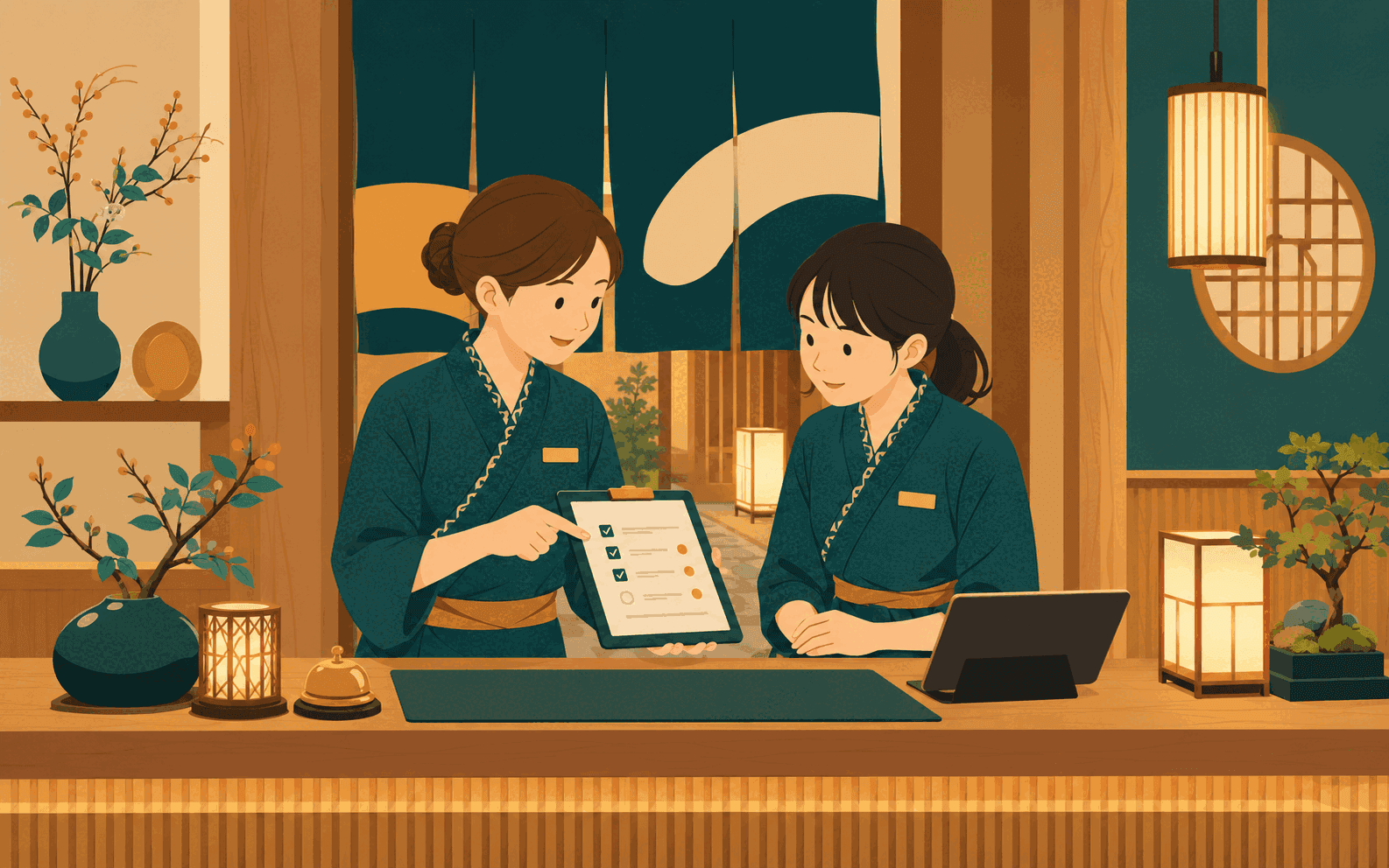 宿のフロントで、先輩スタッフが新人スタッフに手元の資料を見せながら、受け入れ初期の業務を教えている様子のフラットイラスト。