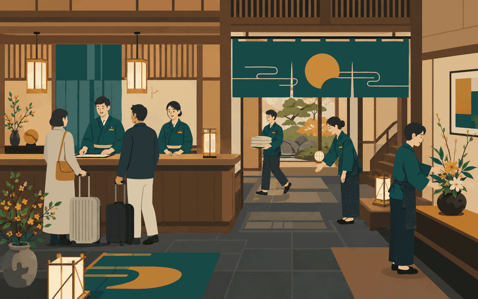 日本の宿の帳場で、制服を着た多様なスタッフが人を迎え入れ、館内で働く様子を描いたフラットイラスト