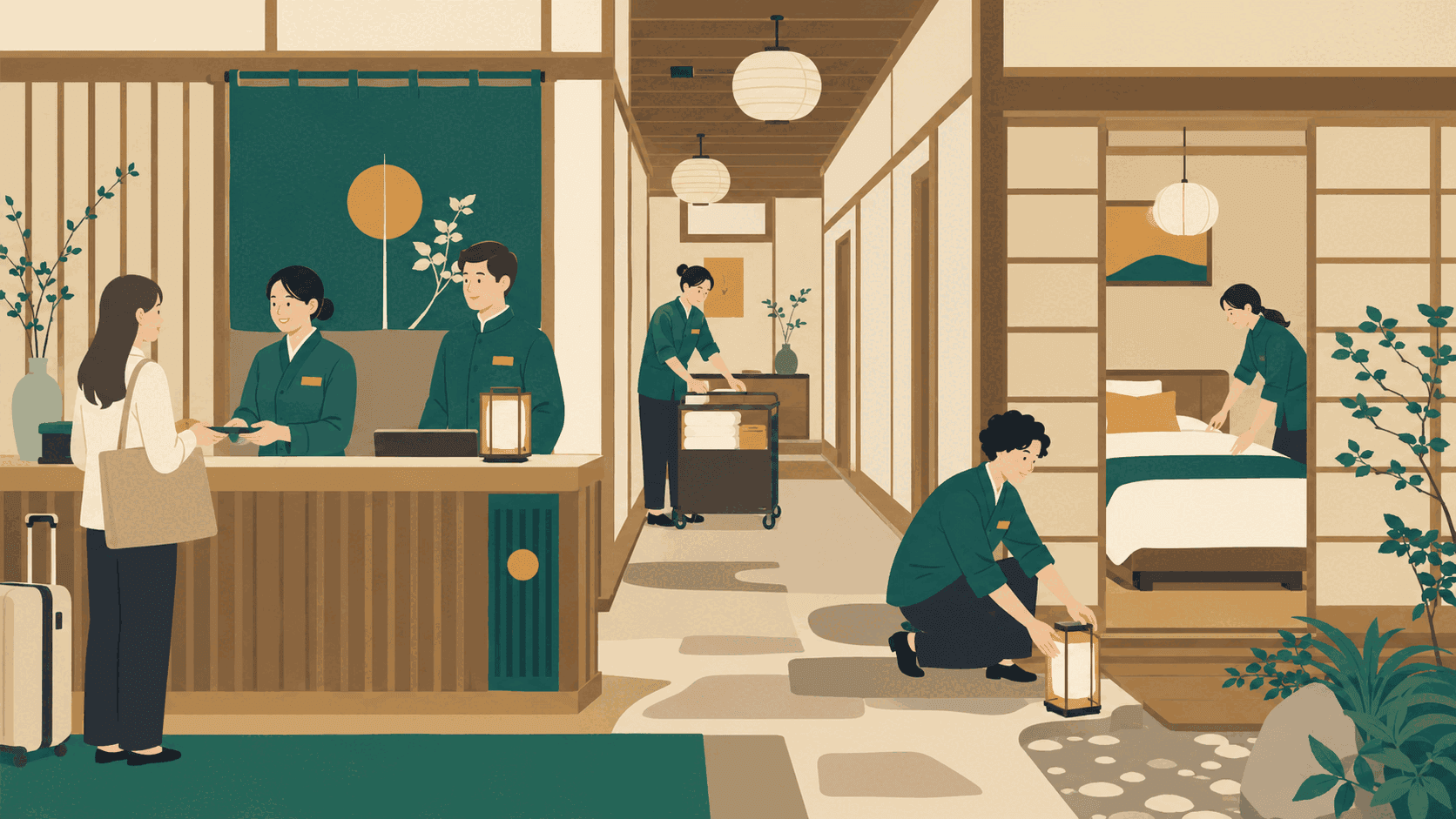 宿のフロントと館内で働く、多様なスタッフのフラットイラスト