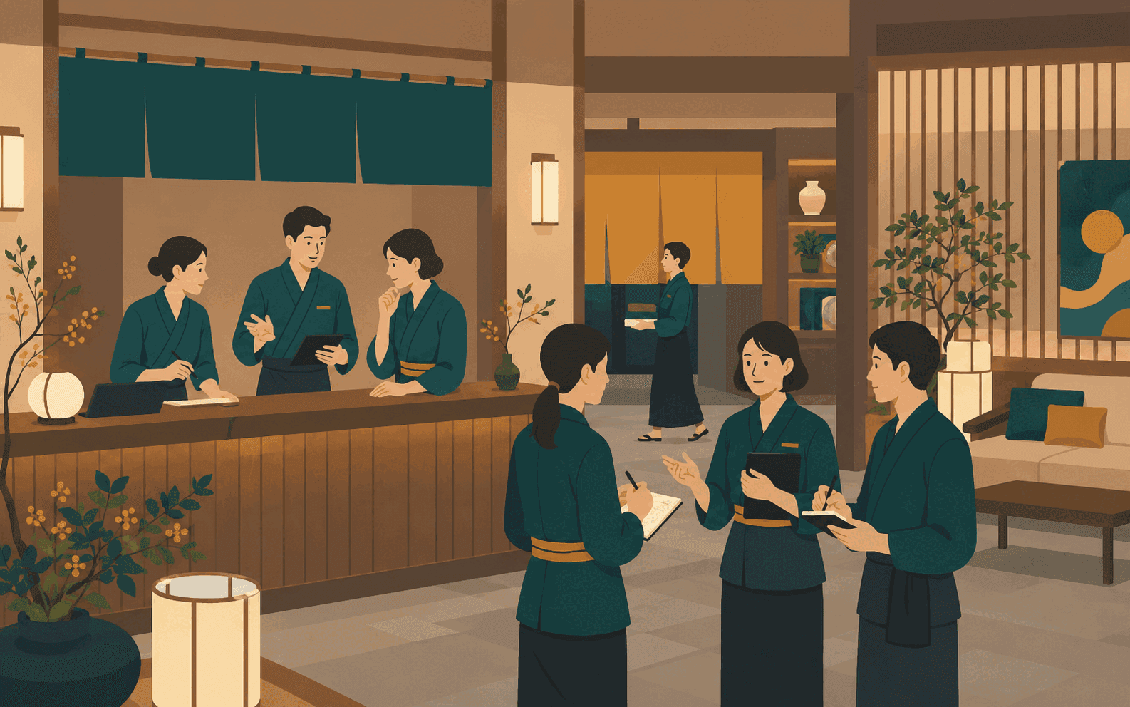 宿の帳場で、制服を着た多様なスタッフが朝の引き継ぎをしながら協力して働く様子のフラットイラスト