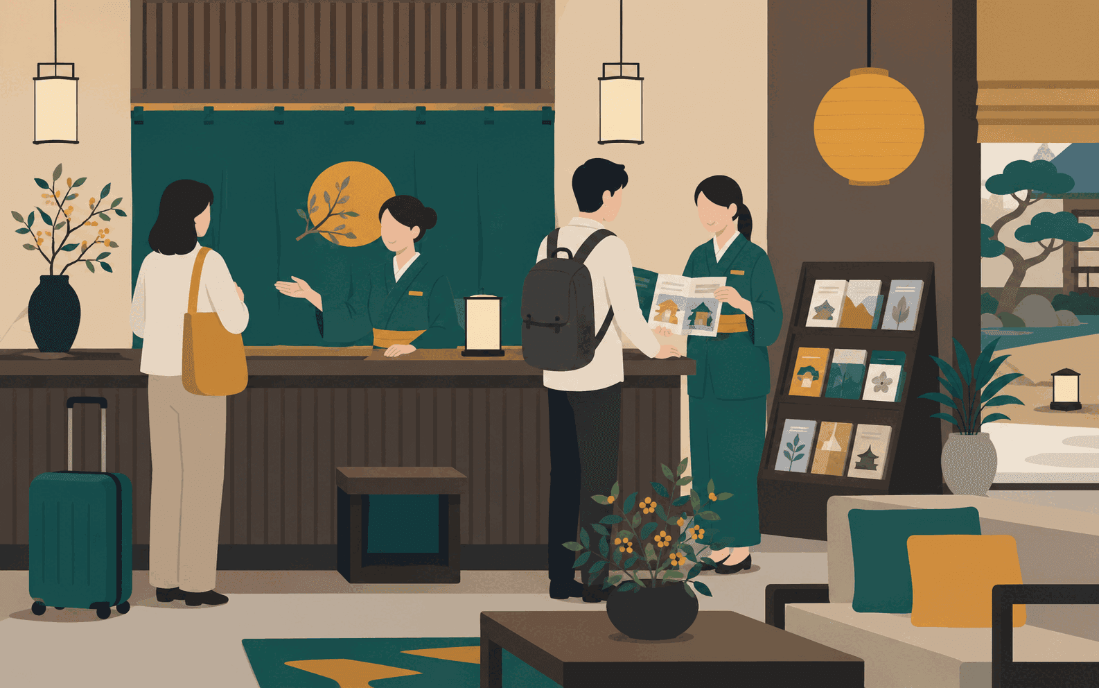 旅館のフロントで、宿の制服を着た多様なスタッフがチェックインや館内案内に対応している様子を描いた、特定技能・宿泊分野の受け入れを表すフラットイラスト
