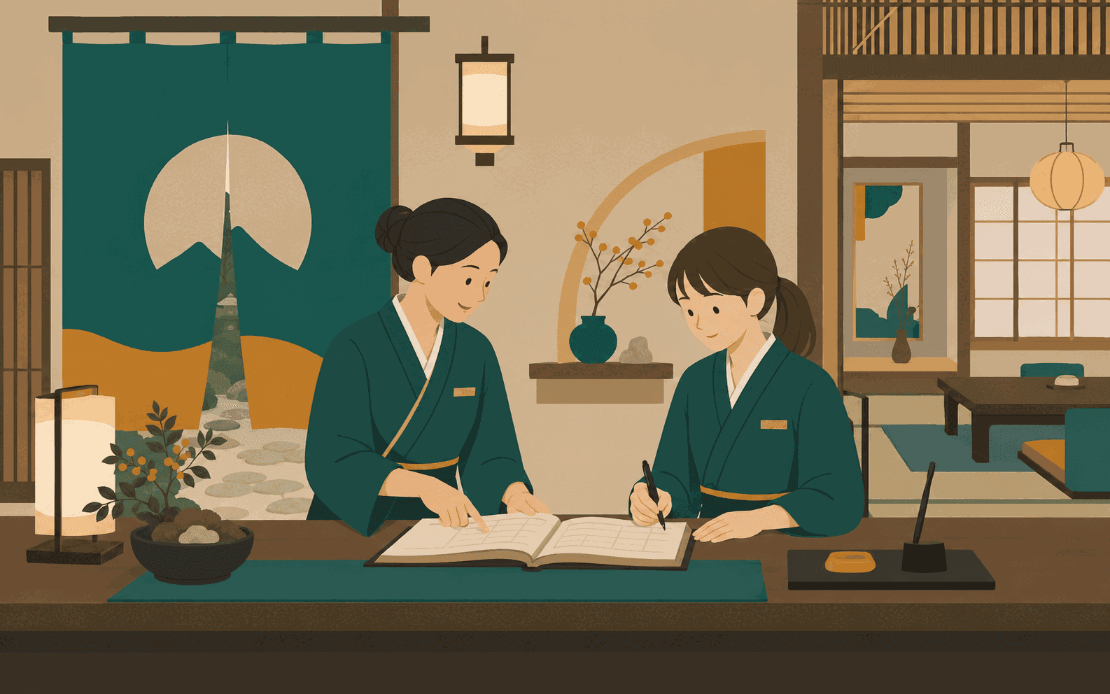 旅館の帳場で、先輩スタッフが新人スタッフに台帳の使い方や接客の所作を教えている様子を描いた、育成就労(人材育成)を表すフラットイラスト